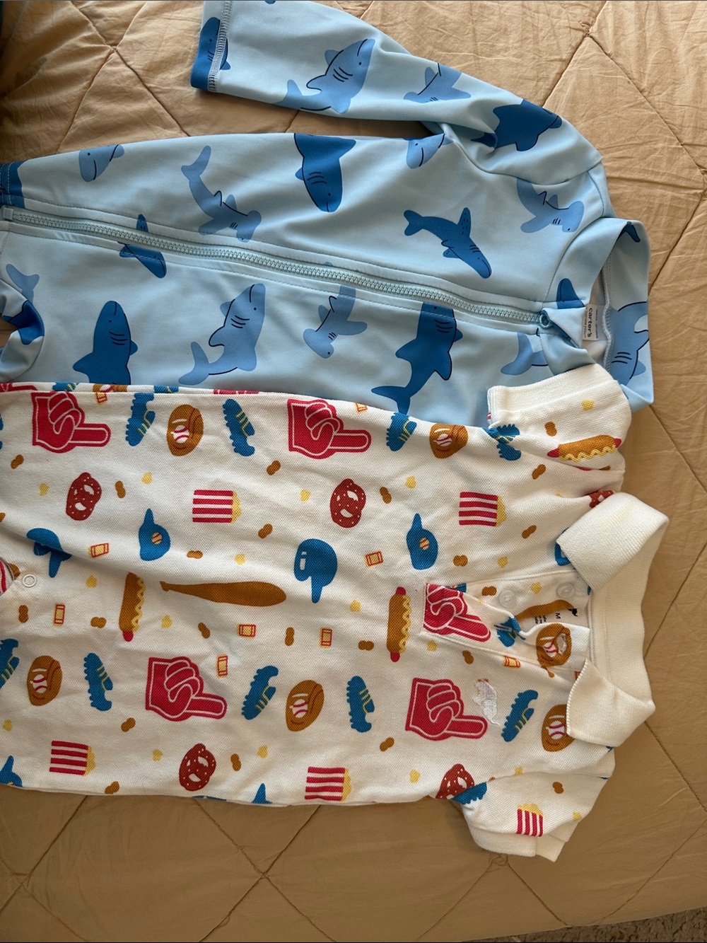 Monica and Andy Baseball Romper & Shark Swimsuit